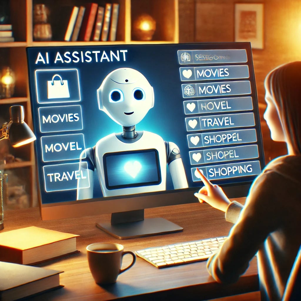A digital illustration of a person sitting at a desk, interacting with a friendly AI assistant on a computer screen. The AI assistant has a cheerful, robotic appearance, offering suggestions for movies, travel, and shopping. The setting is a cozy home environment with warm lighting, a coffee cup on the desk, and a bookshelf in the background, creating a welcoming and relaxed atmosphere.