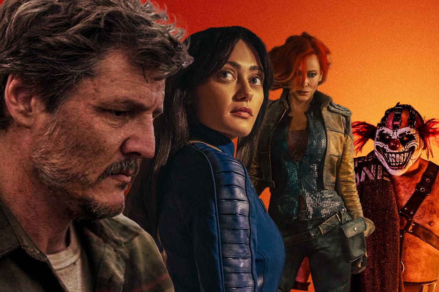 Photo illustration combining characters from The Last of Us, Fallout, Borderlands, and Twisted Metal.