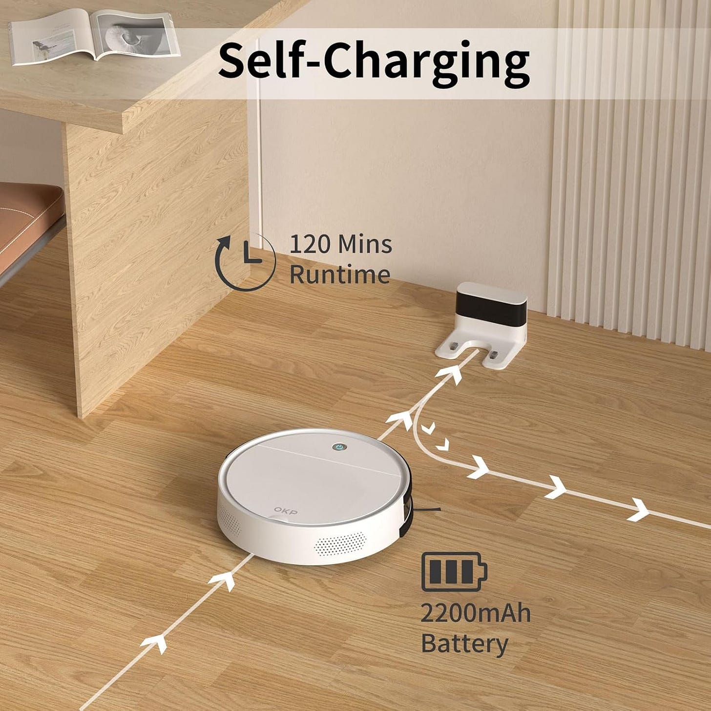 OKP Robot Vacuum Cleaner 2500Pa, 120 Min Runtime, Robotic Vacuum Cleaner with Schedule, WiFi/App/Alexa, Self-Charging, Slim Design, Quiet, Perfect for Hard Floors, Pet Hair, Carpets, K5