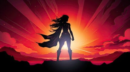 Female superhero depicted in a vector illustration against a sunrise background Female superhero depicted in a vector illustration against a sunrise background