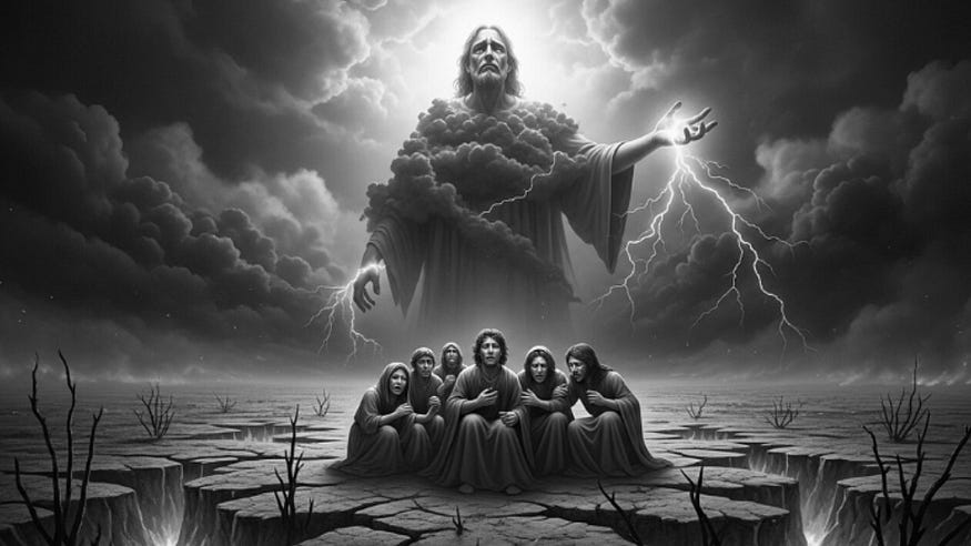 A grayscale illustration of a giant, robed deity figure in the clouds casting lightning over a group of cowering people in a cracked landscape.