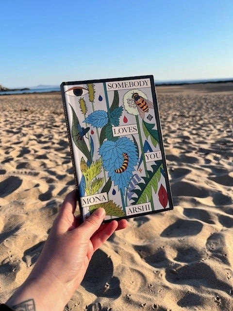 a hand holds up a book above the sand and a blue sky is in the background 