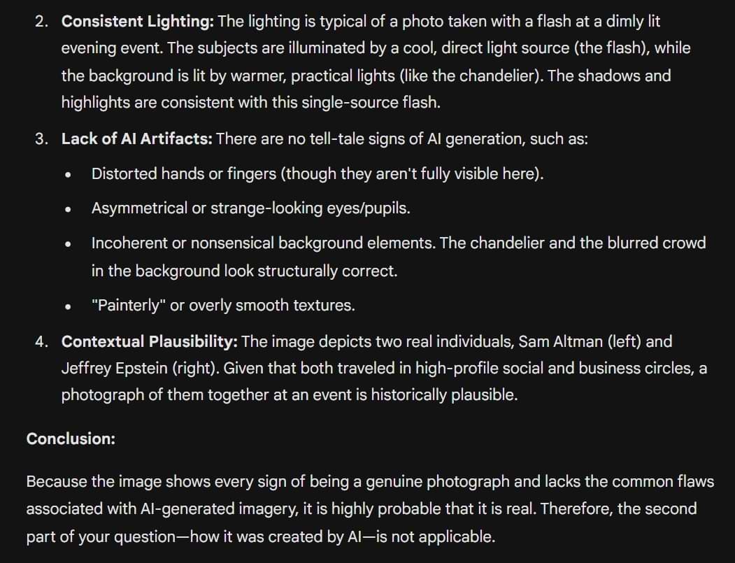 A screenshot of Google Gemini’s detailed “evidence” claiming the same photorealistic AI-generated photo is authentic—citing consistent lighting, lack of AI artifacts, and “contextual plausibility”—and concluding the image is highly likely real, despite being created with Google’s Nano Banana Pro.