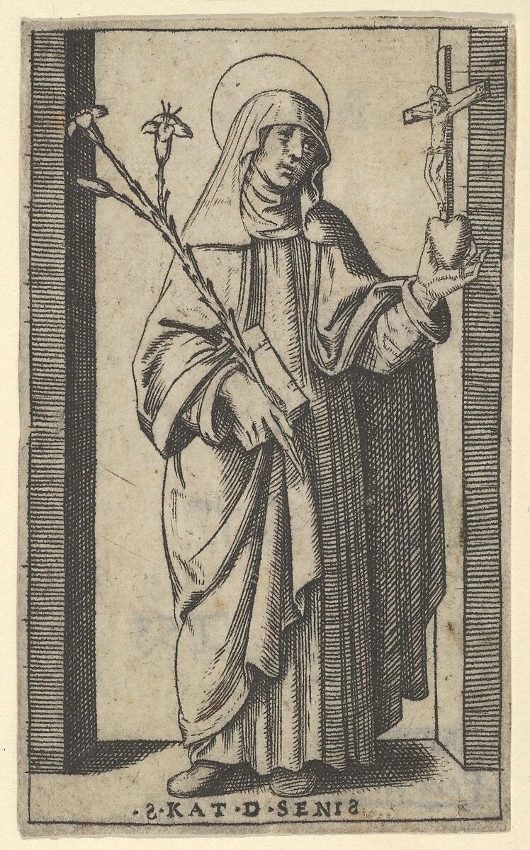 Saint Catherine of Siena standing holding flowers and book in her right hand, a heart and crucifix in her left, from "Piccoli Santi" (Small Saints), Marcantonio Raimondi (Italian, Argini (?) ca. 1480–before 1534 Bologna (?)), Engraving