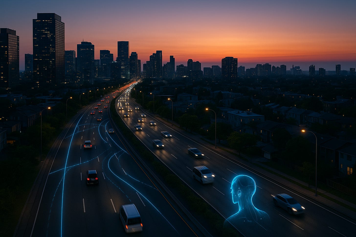 Vedere aeriană la amurg a unui oraș inteligent cu trafic fluid sub iluminat stradal controlat de AI și autobuze autonome, rute holografice albastre subtile. Vedere aeriană la amurg a unui oraș inteligent cu trafic fluid sub iluminat stradal controlat de AI și autobuze autonome, rute holografice albastre subtile.