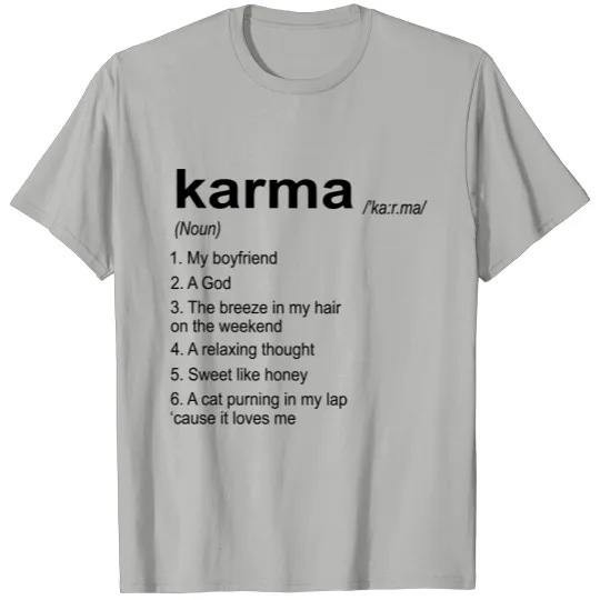white t shirt with black text of lyrics to Taylor Swift's "Karma"