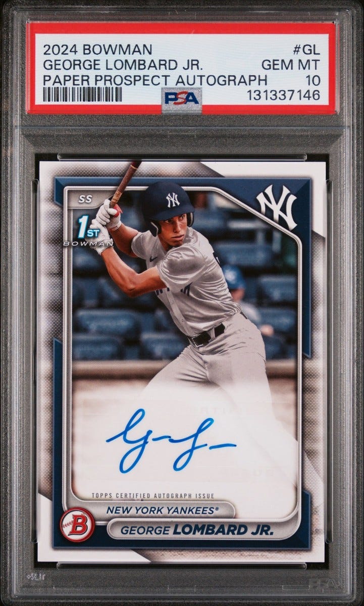 2024 BOWMAN PAPER PROSPECT AUTO #GL GEORGE LOMBARD JR. PSA 10 2024 BOWMAN PAPER PROSPECT AUTO #GL GEORGE LOMBARD JR. PSA 10