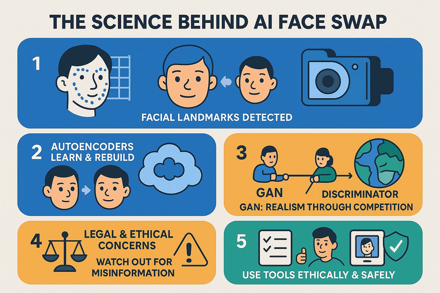 Infographic explaining the science of AI Face Swap. Sections cover: What AI Face Swap is, core AI technologies (Deep Learning, Neural Networks, Computer Vision), the 5-step swap process (Detection, Landmarking, Alignment, AI Transformation via Autoencoders & GANs, Blending), factors for quality, and ethical usage. Features modern flat icons and a clear, engaging layout
