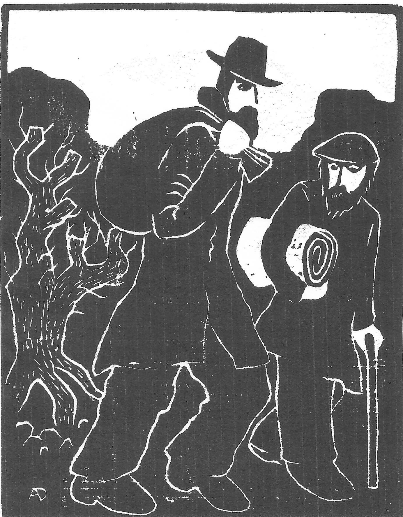 Woodcut showing two tramps by Alan Dixon