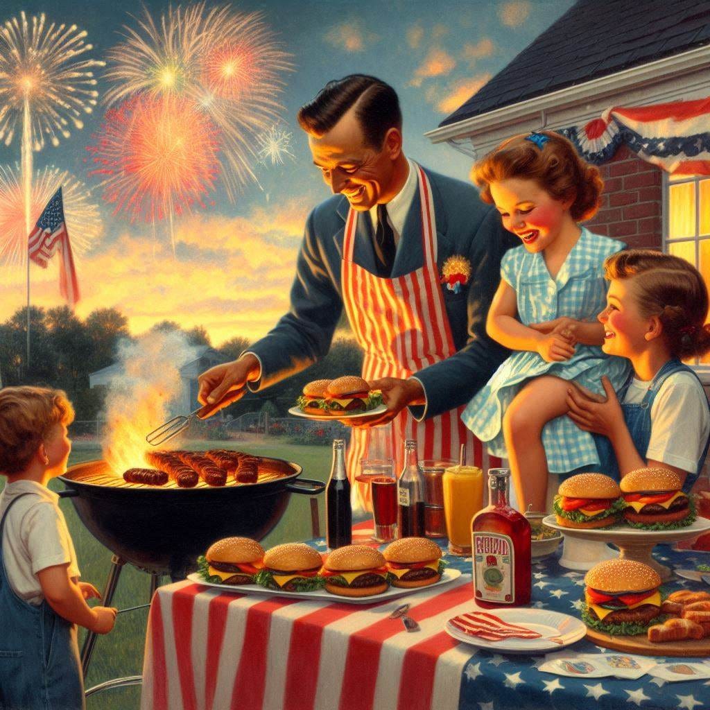 Please make a Norman Rockwell style painting of a family celebrating Independence Day by grilling hamburgers with fireworks in the background