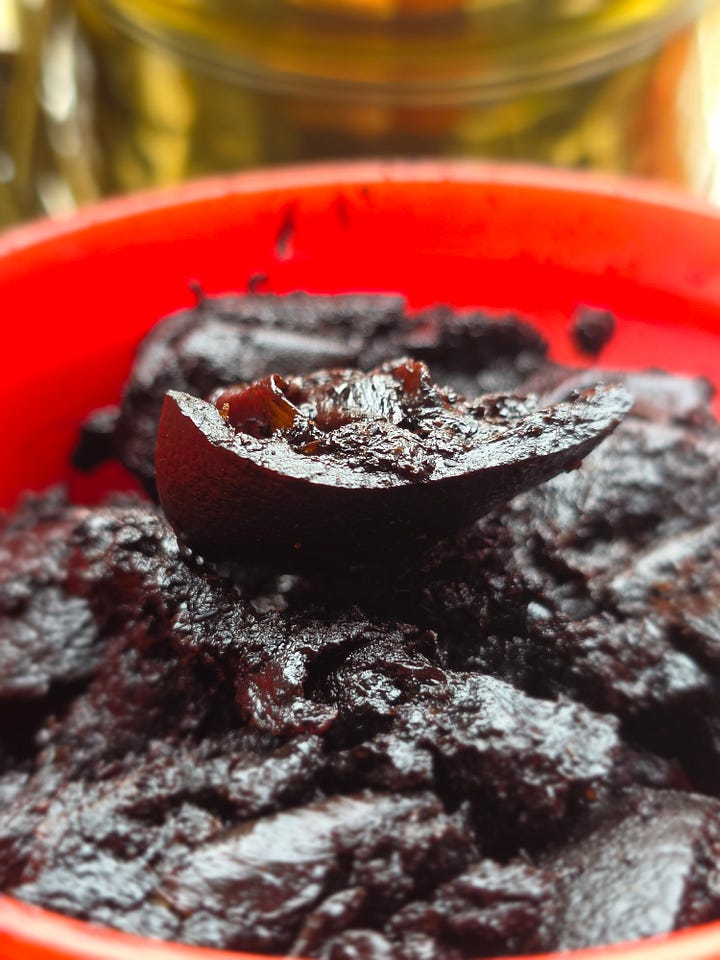 This pickle is over 11 Years old ,As it ages it darkens and produces that Umami. 