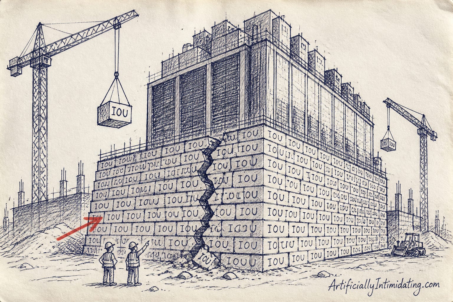 Pen-and-ink cartoon: a gigantic unbranded data centre under construction, its entire foundation built from stacked bricks each printed IOU. A jagged crack runs up through the foundation. Cranes lift more IOU bricks into place while two tiny hard-hatted workers at the base point up at the crack. A red arrow points at the IOU foundation.
