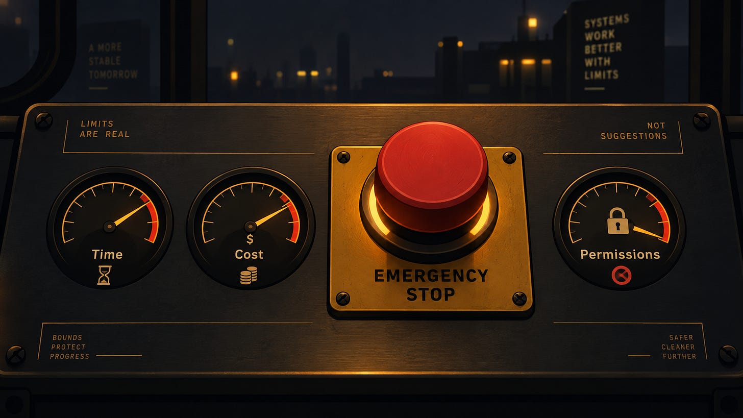 AI control panel with time, cost, and permissions limits plus an emergency stop for safe autonomous agent workflows. AI control panel with time, cost, and permissions limits plus an emergency stop for safe autonomous agent workflows.