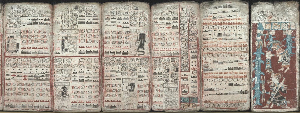 Pages from the Dresden Codex illustrating eclipses, mathematical tables, and the great flood. (Public Domain)
