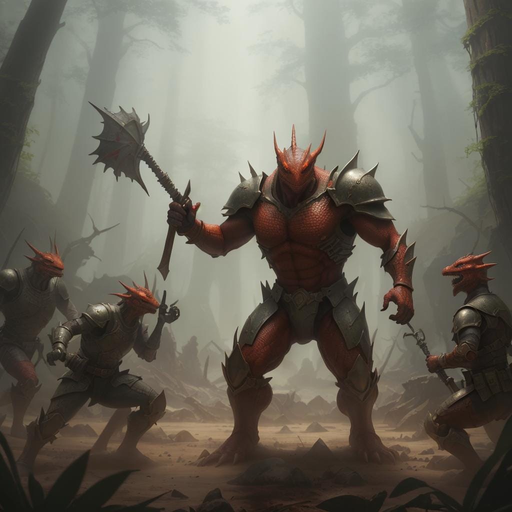 In a fantasy forest, an army of armored red lizard-men fights an army of construction workers In a fantasy forest, an army of armored red lizard-men fights an army of construction workers