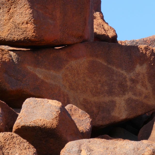 Two photos: Sturts Desert Peas in focus with the Karatha Gas Plant behind; Murujuga rock art