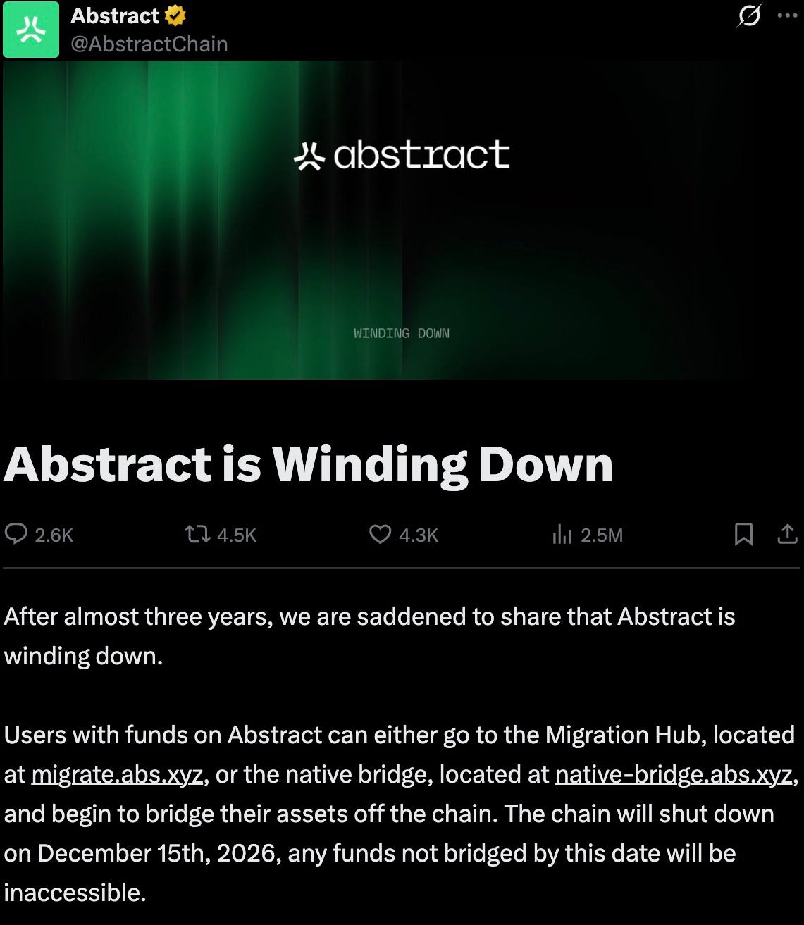 Abstract’s official wind-down announcement, published October 6. Screenshot captured October 7, 2026. Abstract’s official wind-down announcement, published October 6. Screenshot captured October 7, 2026.