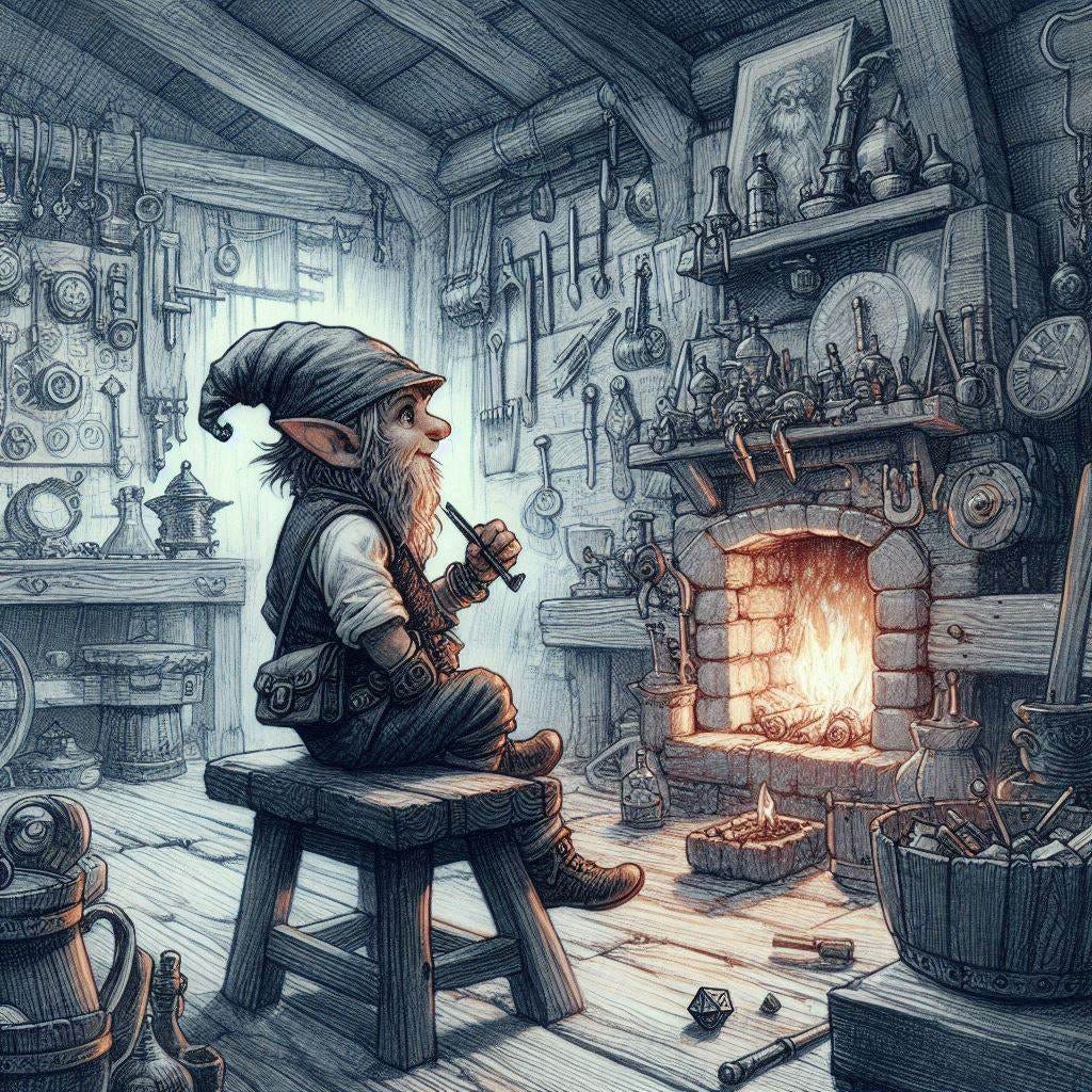 halfling inventor in small wooden woodshop, fireplace, dungeons and dragons fantasy drawing