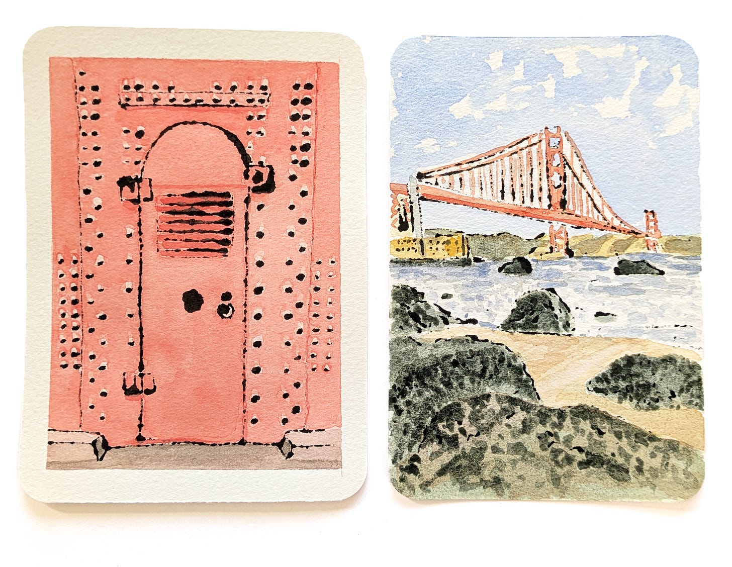 Two monoprint and watercolor postcards showing views of The Golden Gate Bridge. The left view is a detailed image of a maintenance door on the bridge itself. The right image is a view of the bridge and Ft. Point.