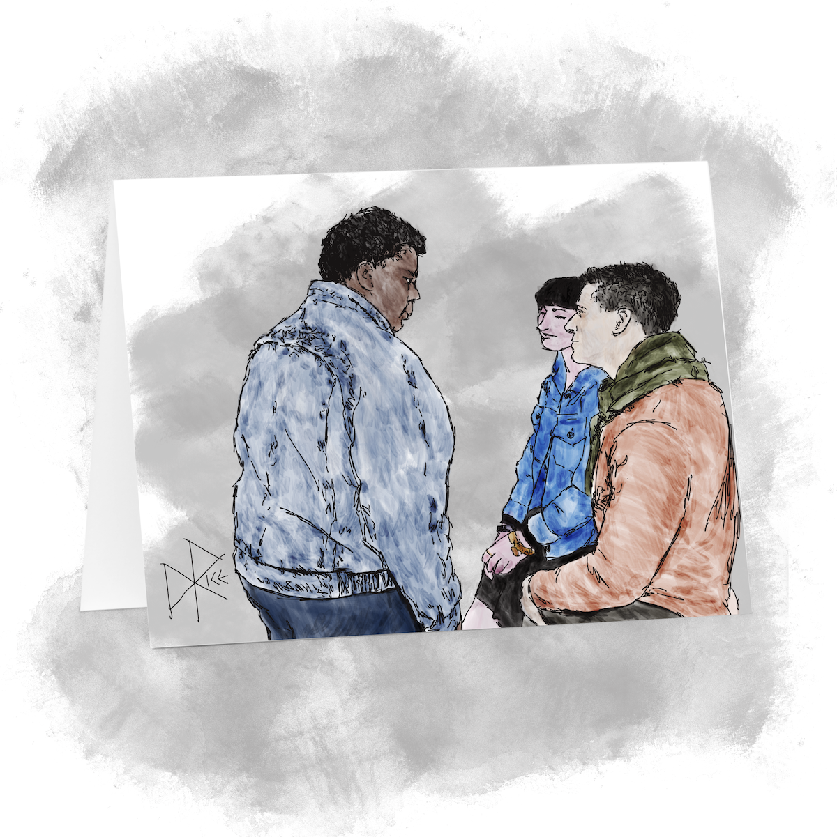 Three casual young adults having an attentive, loving, chummy, face-to-face conversation. Sketch art by Don Rice. Three casual young adults having an attentive, loving, chummy, face-to-face conversation. Sketch art by Don Rice.