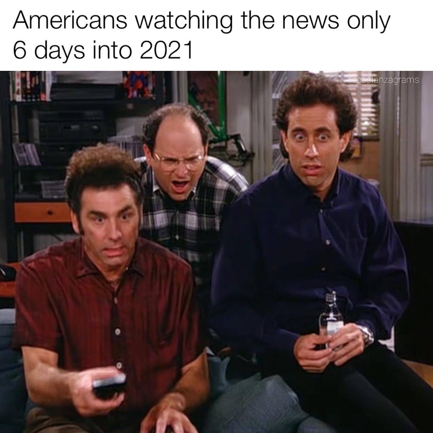 characters from the Seinfield TV show looking at the TV with horrified looks on their faces characters from the Seinfield TV show looking at the TV with horrified looks on their faces