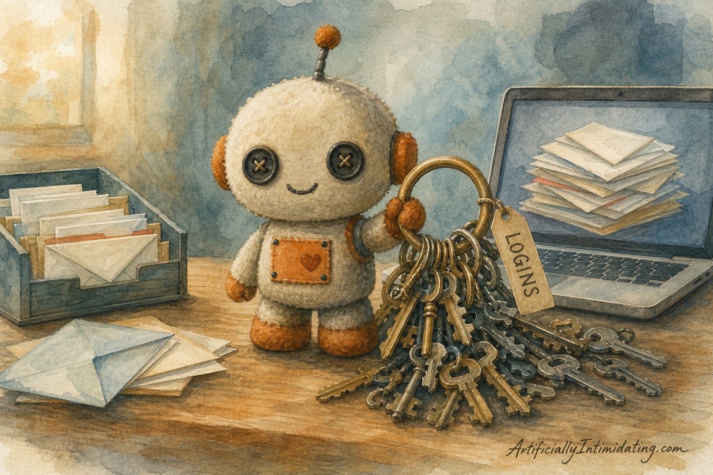 Watercolor of a smiling plush toy robot with button eyes sitting on a desk beside an enormous brass key ring tagged LOGINS, next to a laptop full of envelopes and a tray of letters.