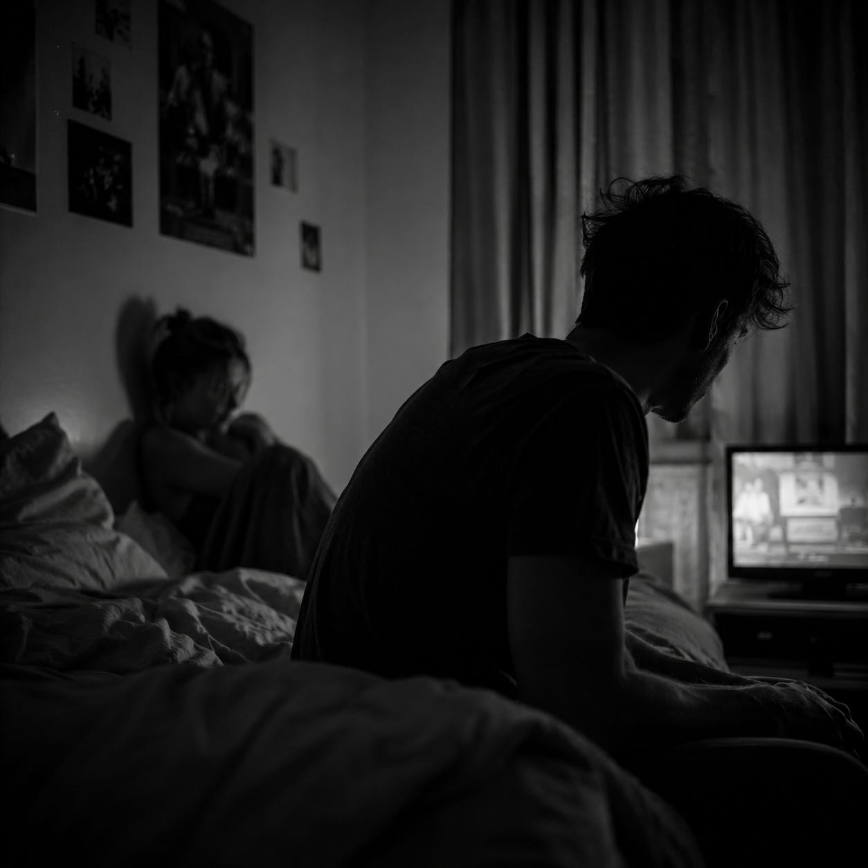 Black and white photograph of a dimly lit bedroom at night. A man sits on the edge of an unmade bed with his head lowered while a woman sits further back against the wall beneath a duvet, turned away from him. A television flickers softly in the corner, casting pale light across the room. The distance between them dominates the composition, creating a quiet sense of emotional separation and the moment before a relationship changes forever.