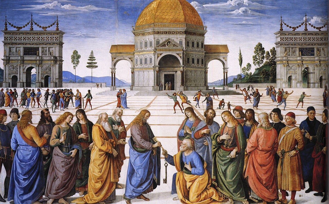 Christ handing a key to Peter in a piazza Christ handing a key to Peter in a piazza