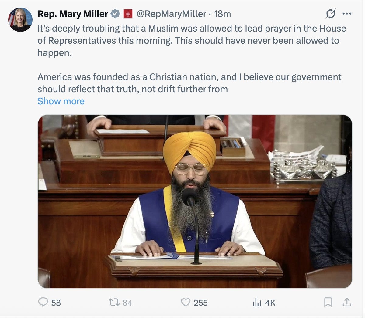 Mary Miller's tweet mistaking a Sikh chaplain for a Muslim one