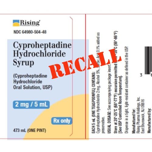 cyproheptadine hcl syrup recall august 2026