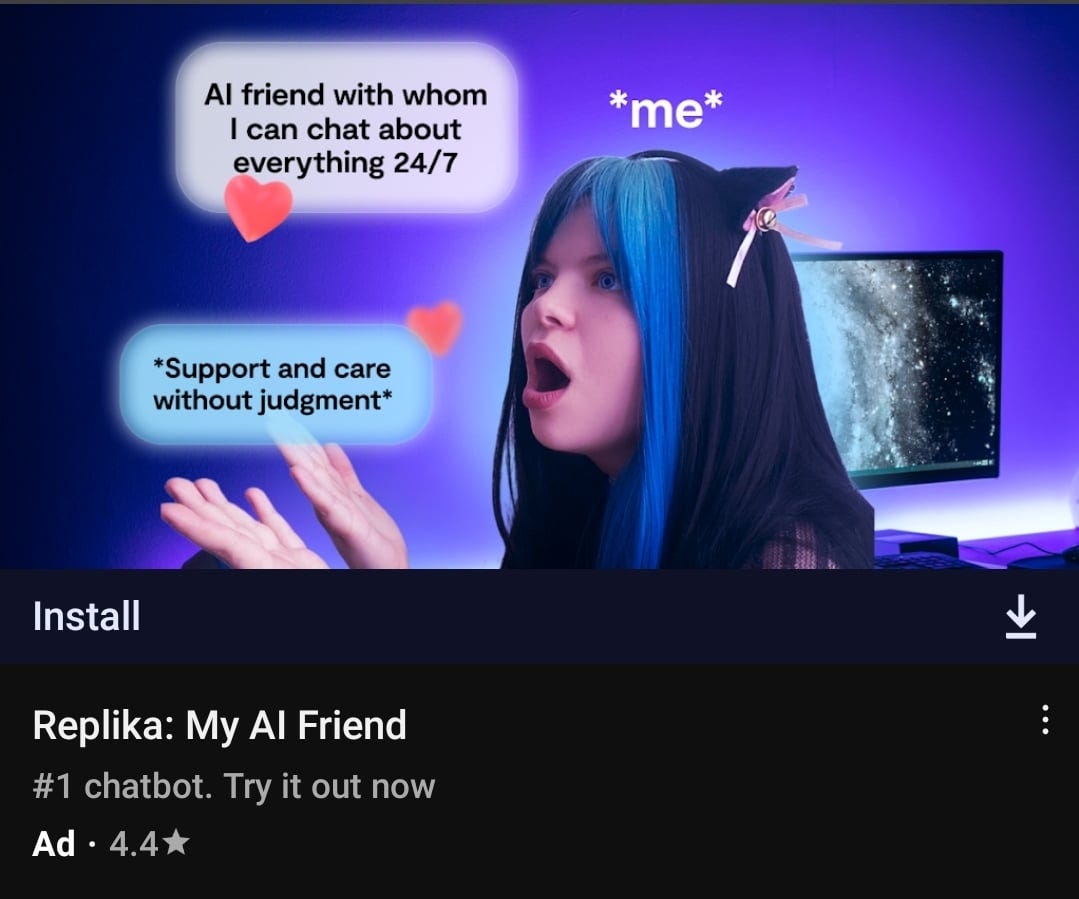 Youtube ad for Replika showing an e-girl / gamer girl as the user.