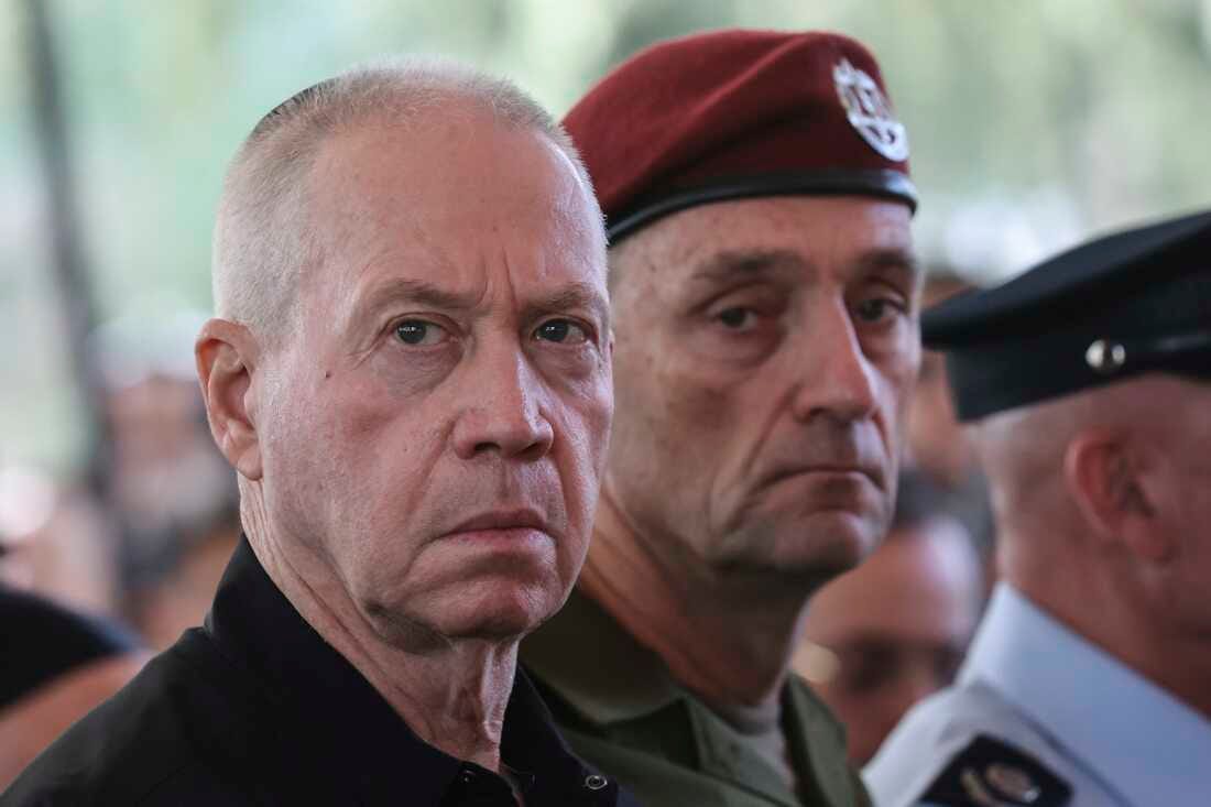 Israeli Defense Minister Yoav Gallant (left) and Chief of the General Staff Lt. Gen. Herzi Halevi attend a ceremony marking the Hebrew calendar anniversary of the Hamas attack on Oct. 7 last year that sparked the ongoing war in Gaza, at the Mount Herzl military cemetery in Jerusalem, on Oct. 27, 2024.