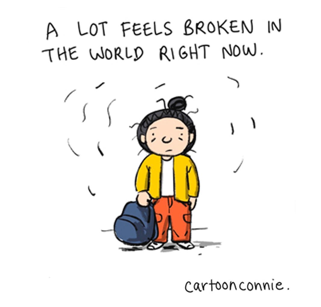 Panel 5 of a 6-panel diary comic with small scenes from New York City, drawn from memory by the artist. Titled "Small New York," 2026, by Connie Sun, cartoonconnie. 