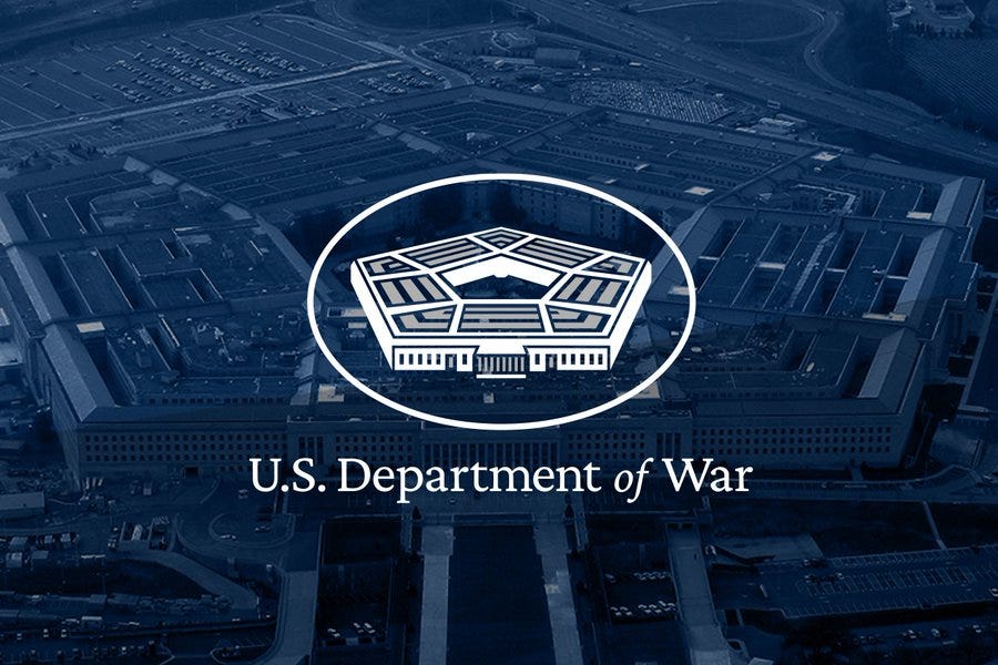 An aerial view of the Pentagon building in white outline over a dark blue background, encircled by an oval frame, with the text U.S. Department of War below it.
