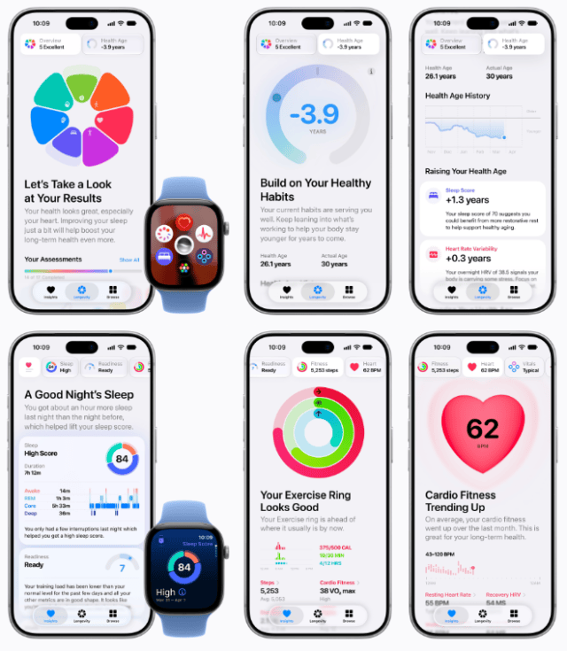 The redesigned Health app on iPhone features a new Longevity tab that analyzes a user’s longitudinal health data for deeper insights, including Health Age, an Apple Watch feature showing users how certain metrics are tracking relative to their age. Arriving later this year, the updated Health app will also feature a new Insights tab that surfaces timely health information with a summary that updates throughout the day across heart, sleep, readiness, fitness, vitals, and cycle tracking data. The redesigned Health app on iPhone features a new Longevity tab that analyzes a user’s longitudinal health data for deeper insights, including Health Age, an Apple Watch feature showing users how certain metrics are tracking relative to their age. Arriving later this year, the updated Health app will also feature a new Insights tab that surfaces timely health information with a summary that updates throughout the day across heart, sleep, readiness, fitness, vitals, and cycle tracking data.