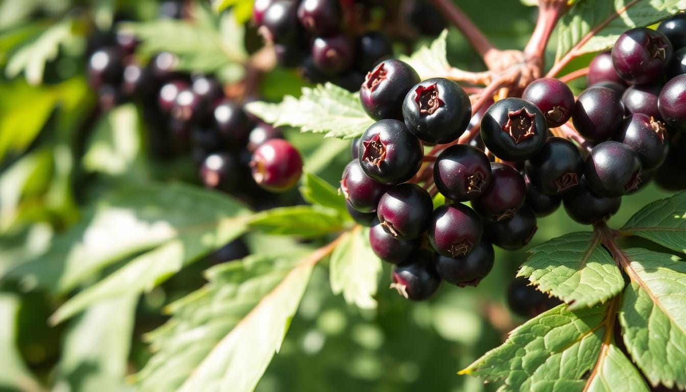 A close-up of vibrant elderberries on the stem, surrounded by lush green leaves.