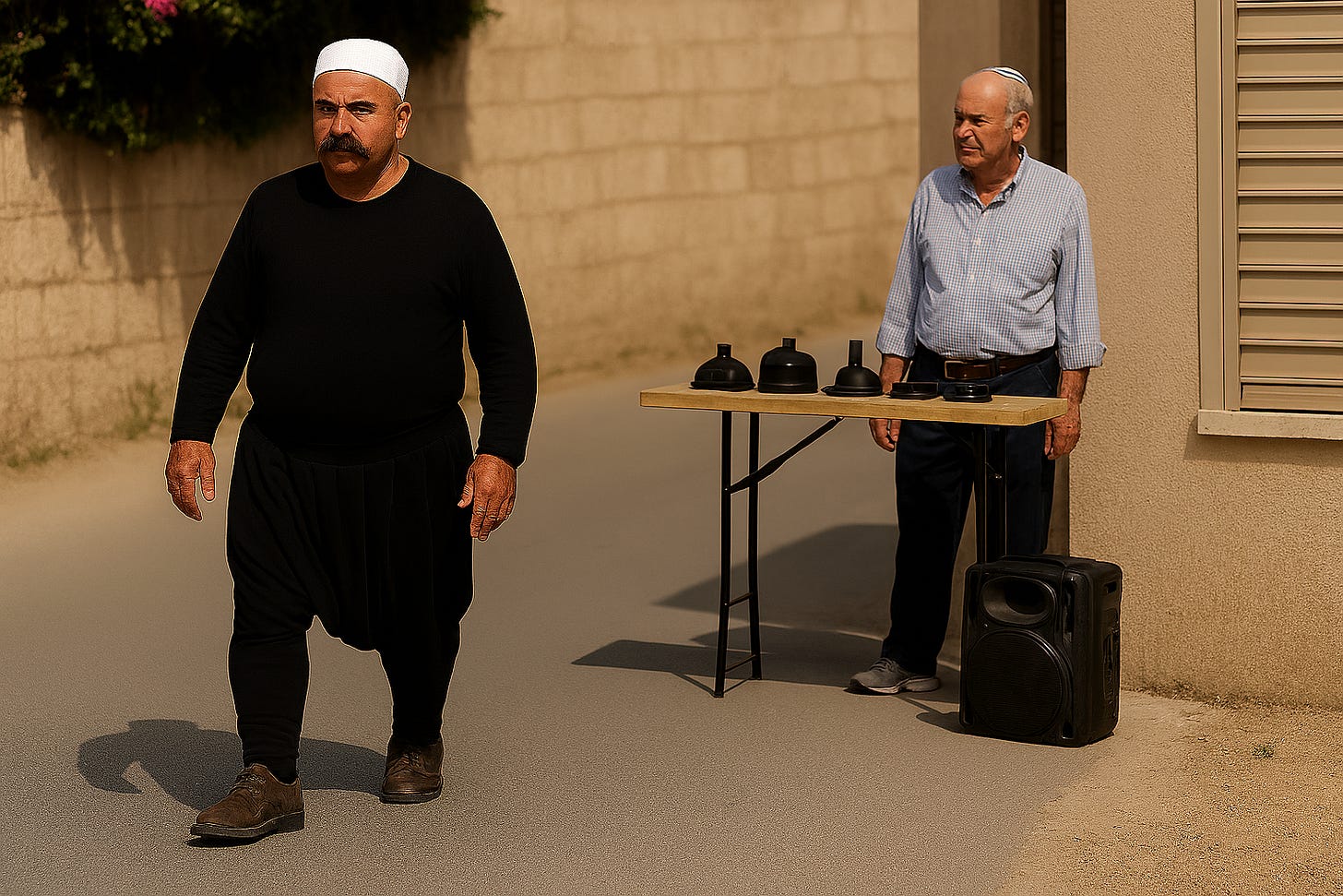 Druze man passing Jewish man at tefillin stand.