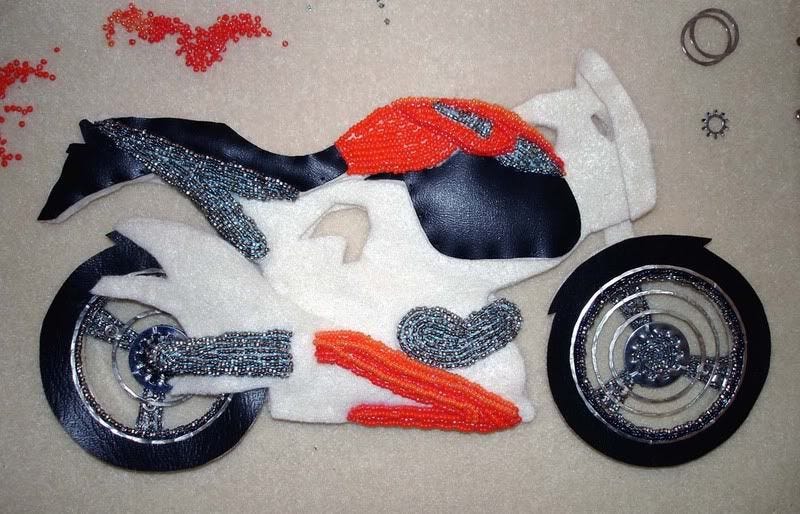 beaded Buell motorcycle bike fiber art pop art bead embroidery seed beads Boston beaded Buell motorcycle bike fiber art pop art bead embroidery seed beads Boston