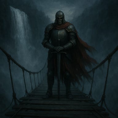 a revenant knight standing at the center of a misty rope bridge over the roaring Tser Falls, sword planted before him, tattered cloak fluttering, armor aged but gleaming, fog rising from the chasm below, early evening light casting eerie shadows