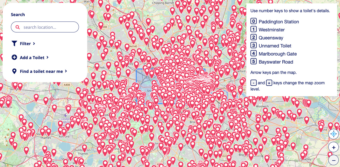 This map shows the locations of public toiliets in London. there are a lot. Its a sea of red dots to be honest This map shows the locations of public toiliets in London. there are a lot. Its a sea of red dots to be honest