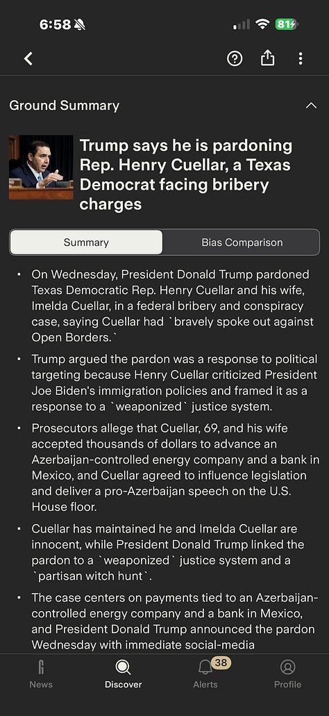 Real images from Ground News on the Henry Cuellar story