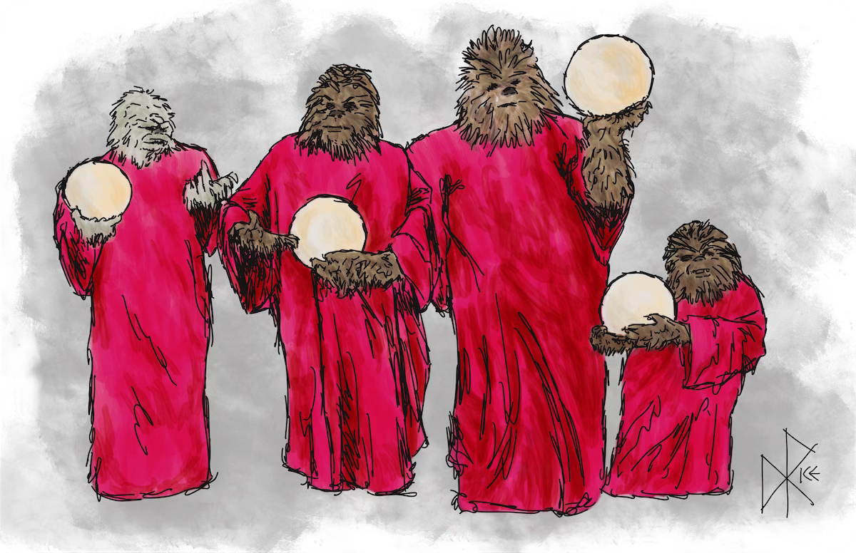 Wookiee family celebrate Life Day, dressed in their red robes and carrying glowing Life Day orbs in their hands. Sketch art by Don Rice.