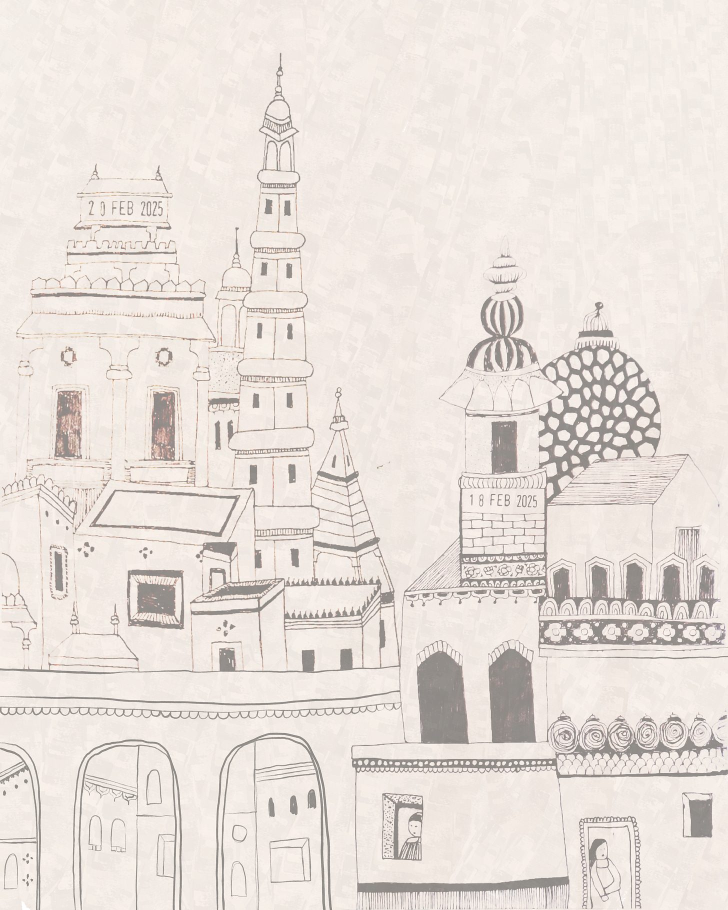 The sketches above combined digitally and with a bridge added, then faded out and with a paper texture added. Created by Tasha Goddard.