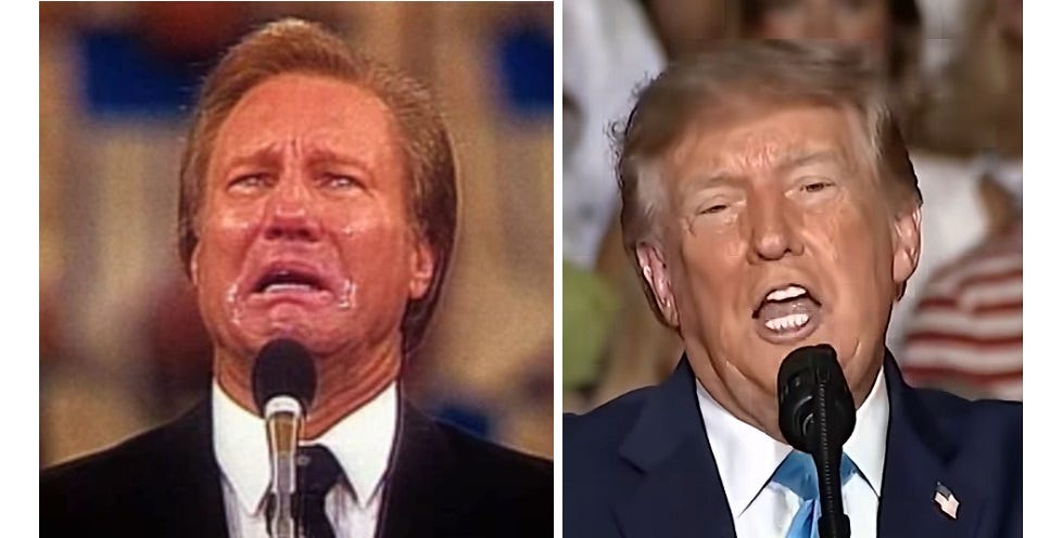 Contrasting video screenshots. Left: Jimmy Swaggart's tear-stained face (and perfect coir) as he confessed to his congregation, 'I have sinned against you, my lord' (February 21,1988). Right: Donald Trump, with a similarly orange face, looks angry as he gives a campaign speech in October 2026 (CNN on Facebook) Contrasting video screenshots. Left: Jimmy Swaggart's tear-stained face (and perfect coir) as he confessed to his congregation, 'I have sinned against you, my lord' (February 21,1988). Right: Donald Trump, with a similarly orange face, looks angry as he gives a campaign speech in October 2026 (CNN on Facebook)