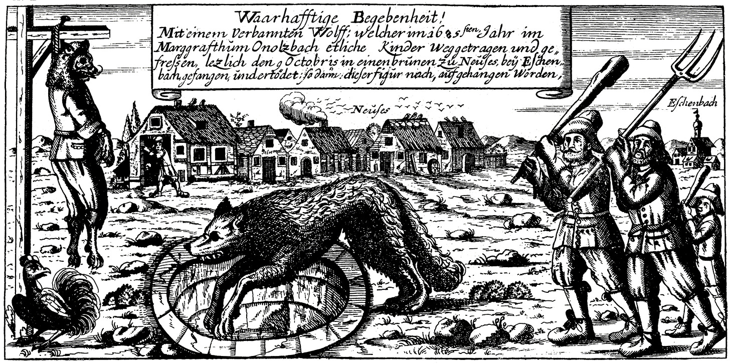 Old engraving of a village scene: on the left a wolf dressed in a man's coat hangs from a gallows, in the center a wolf is caught in a well near a rooster, and villagers with a club and a pitchfork come running. Old engraving of a village scene: on the left a wolf dressed in a man's coat hangs from a gallows, in the center a wolf is caught in a well near a rooster, and villagers with a club and a pitchfork come running.