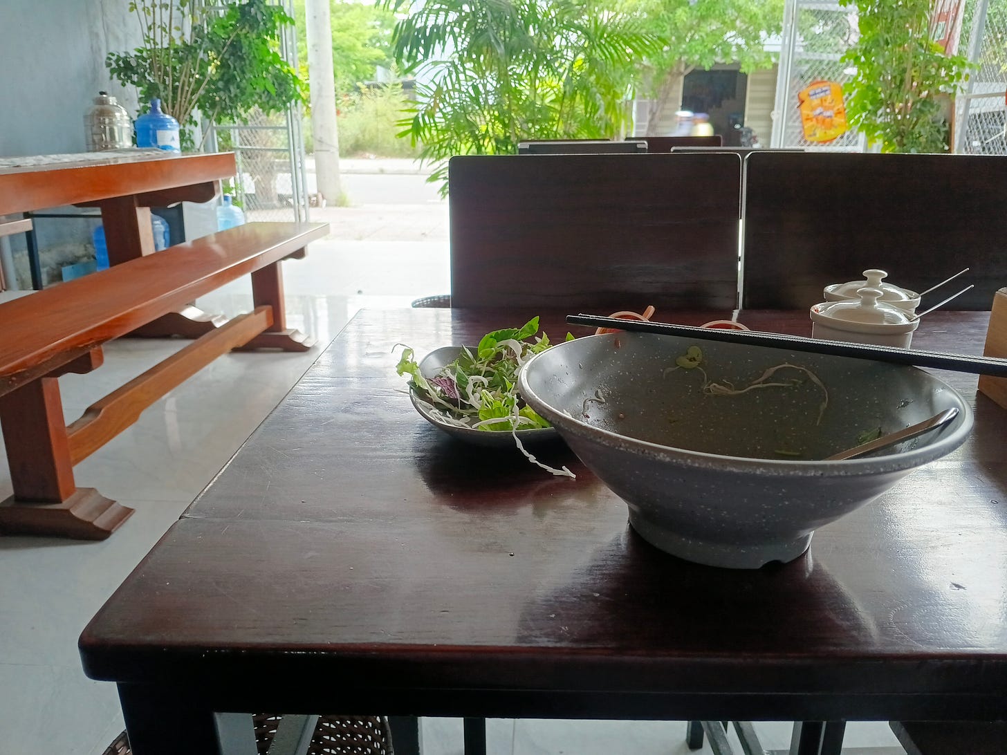 a finished, empty bowl on a sunny table