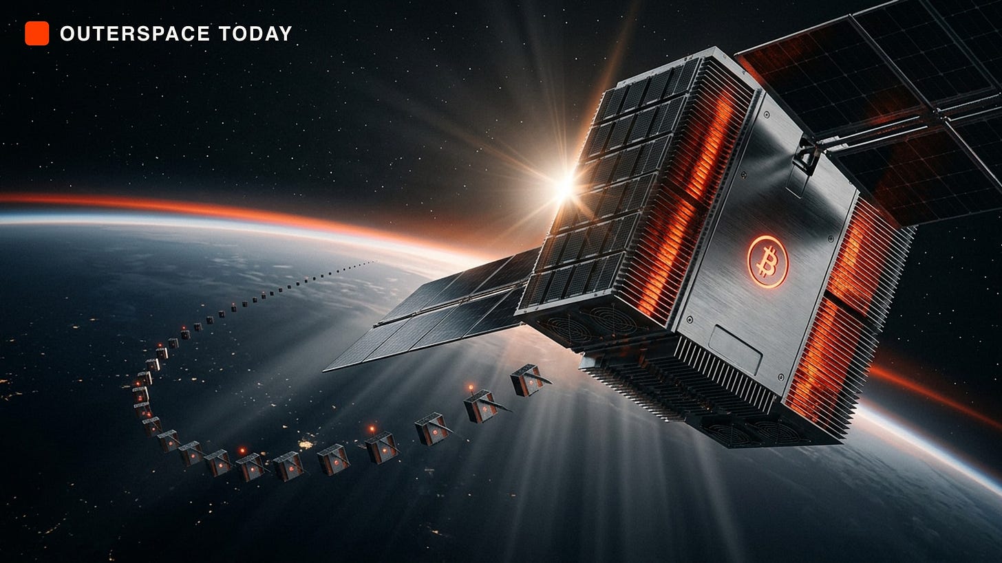 A Bitcoin mining satellite constellation in orbit above Earth