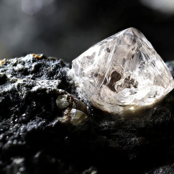 A transparent crystal on a rough dark rock surface.