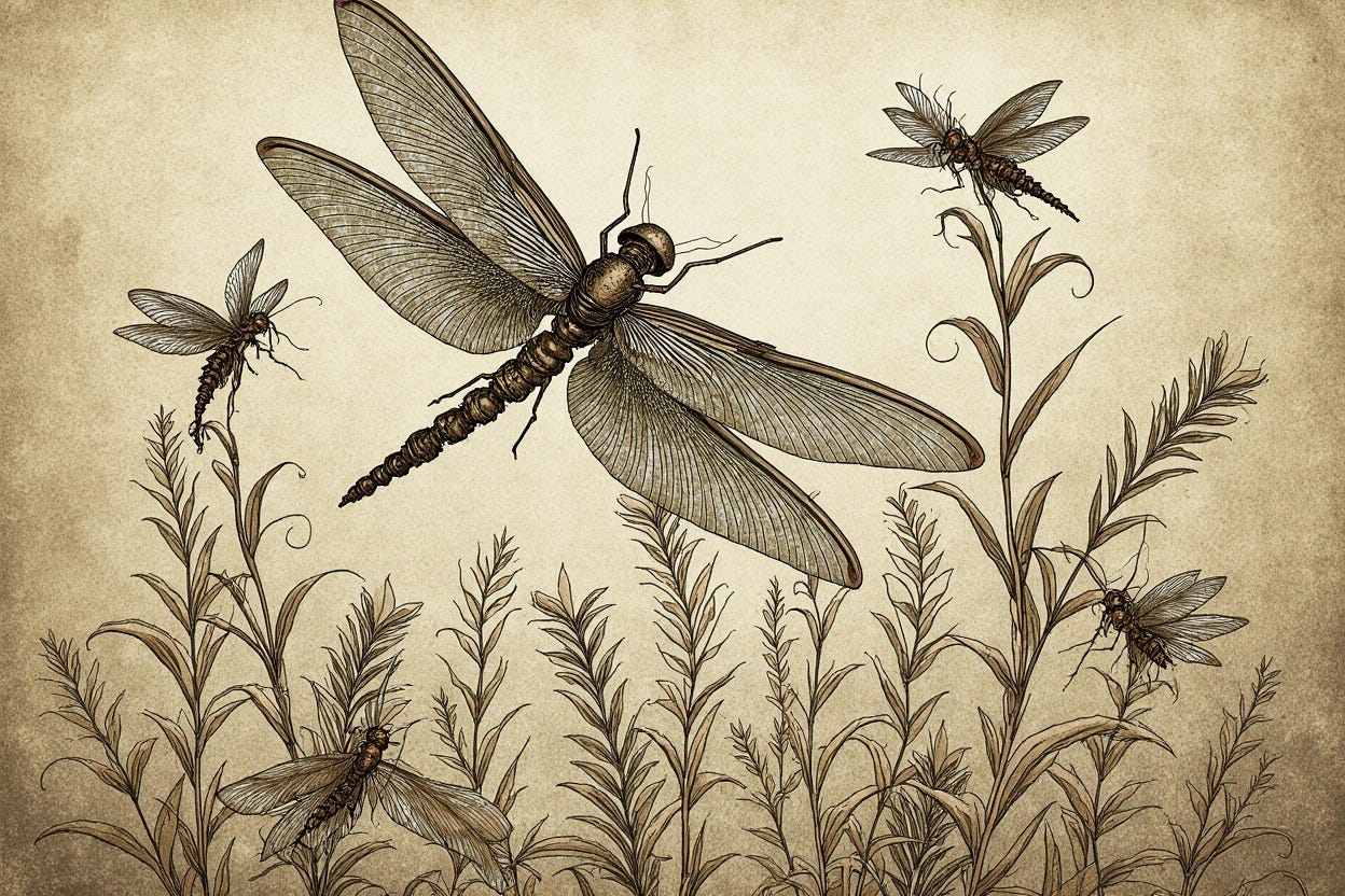 "Digital illustration of a steampunk insect world with mechanical dragonflies resting on metallic foliage." - by Krea 1 image model