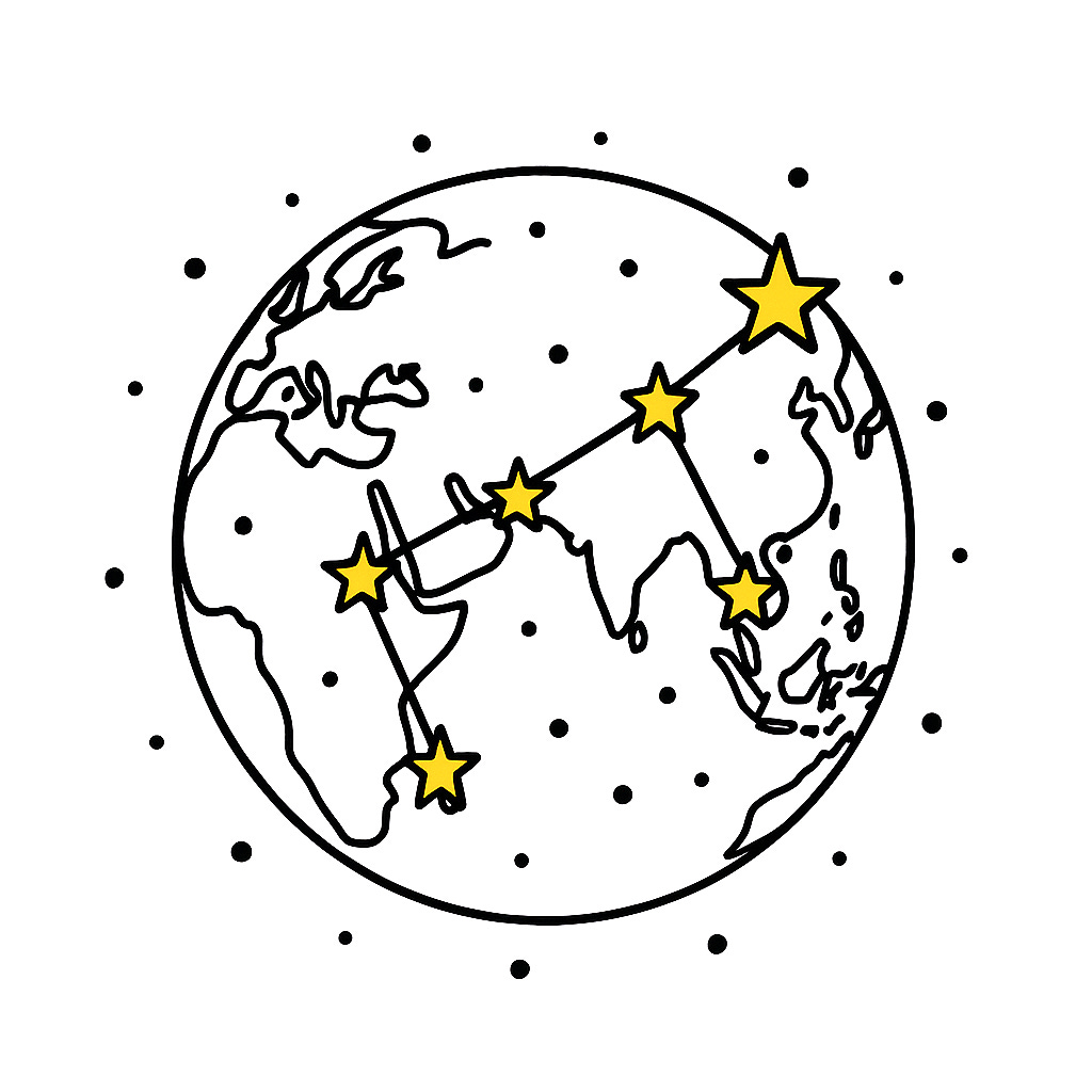 Minimalist black-and-white line illustration of Earth, showing Asia and Australia, with a golden-yellow star constellation above the globe connected by thin lines, surrounded by small twinkling stars.